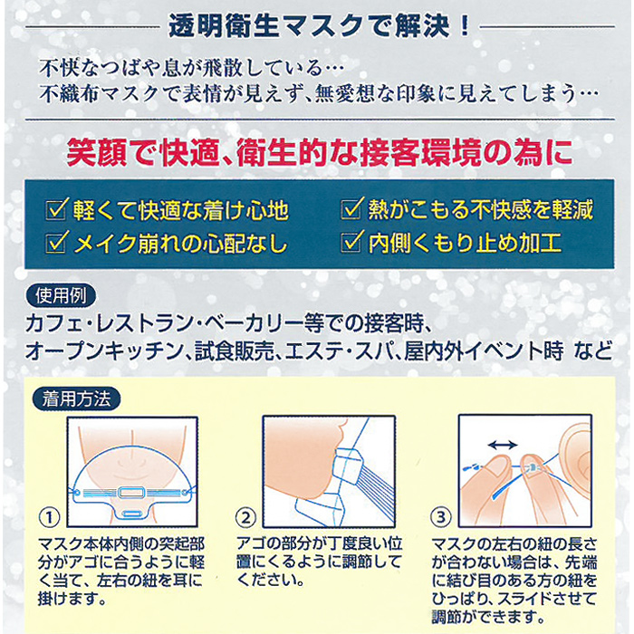 コロナ対策 飛散防止に マスケットライト 表情が見える透明衛生マスク 入数 3箱 30枚 3箱 単価 円 シンワアメニティ通販